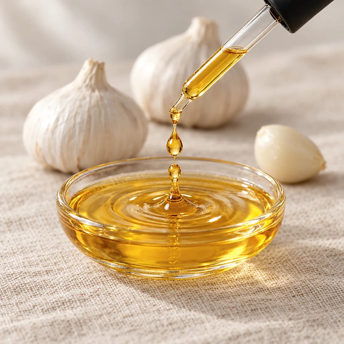 قطرة من زيت الثوم تسقط في وعاء زجاجي صغير