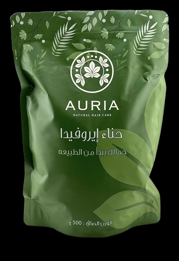 حناء إيروفيدا بالأعشاب من أوريا 500 غرام في كيسها الأخضر القائم